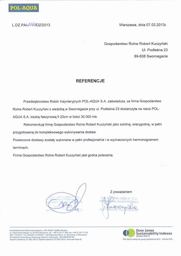 Referencja Firma POL-AQUA S.A.